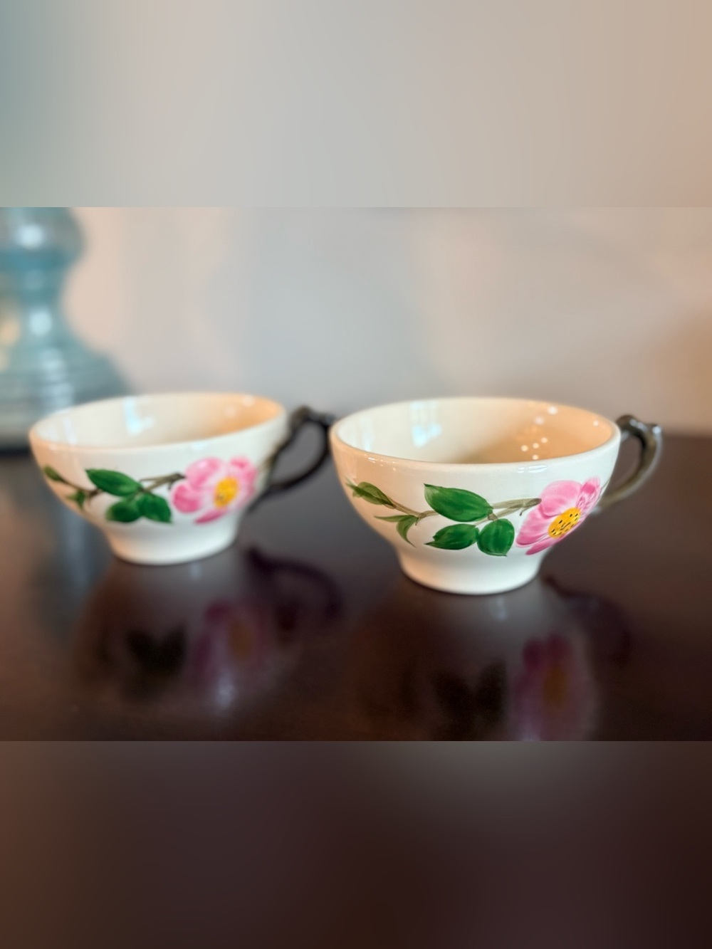 Franciscan Pink Floral Ceramic Mugs with Green Leaves
